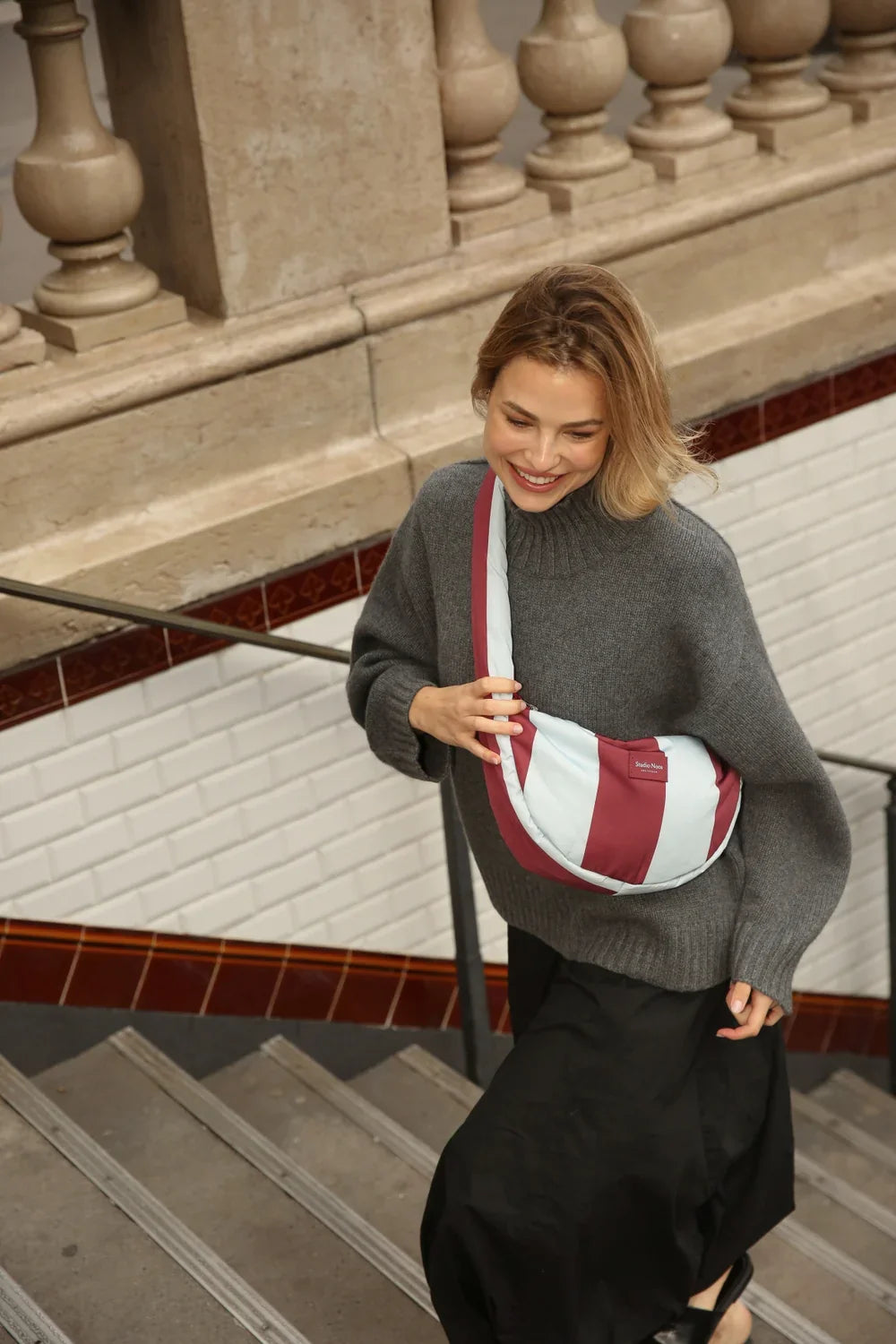Bordeaux/Light Blue Bold Stripe Mini Cross Body Bag