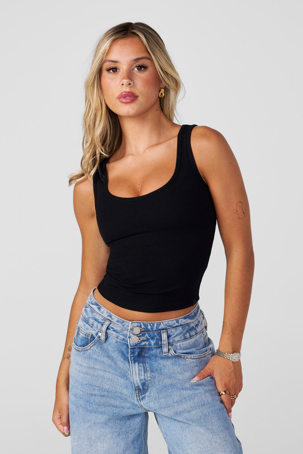 W402 Midi Wife Lover- "Mid-waist longline crop tank in soft, breathable fabric with a fitted silhouette, designed for comfort and style, perfect for layering or wearing solo in Black  