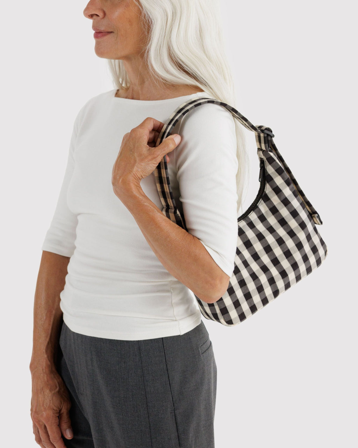 Mini Nylon Shoulder Bag - Black and Cream Gingham - image 2