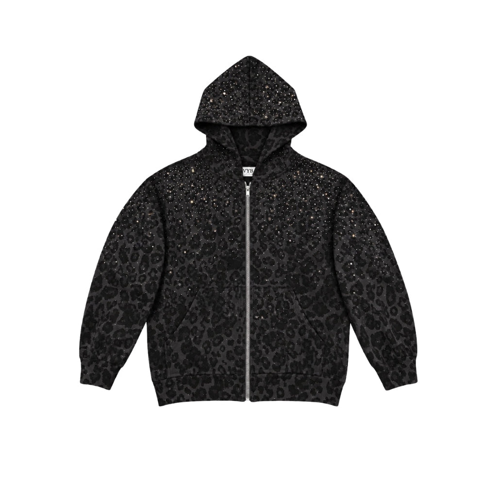 VYBES Black Leopard Zip Up