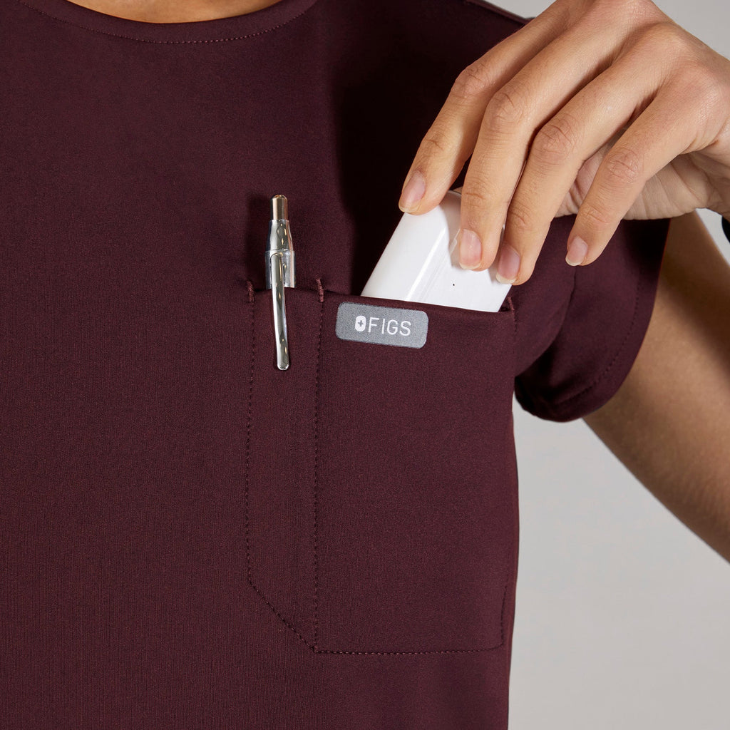 Alma Slim Crewneck Tunic Scrub Top - Burgundy