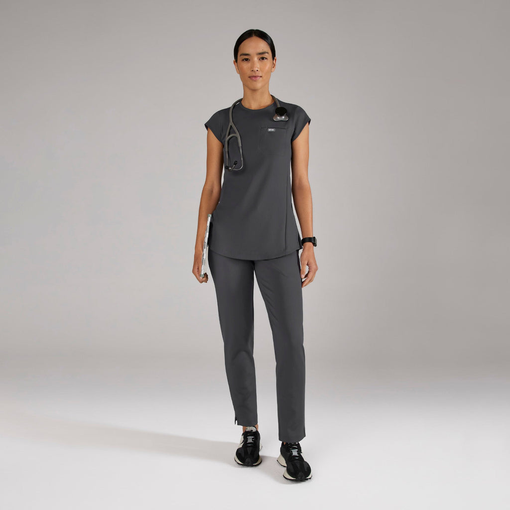 Alma Slim Crewneck Tunic Scrub Top - Charcoal