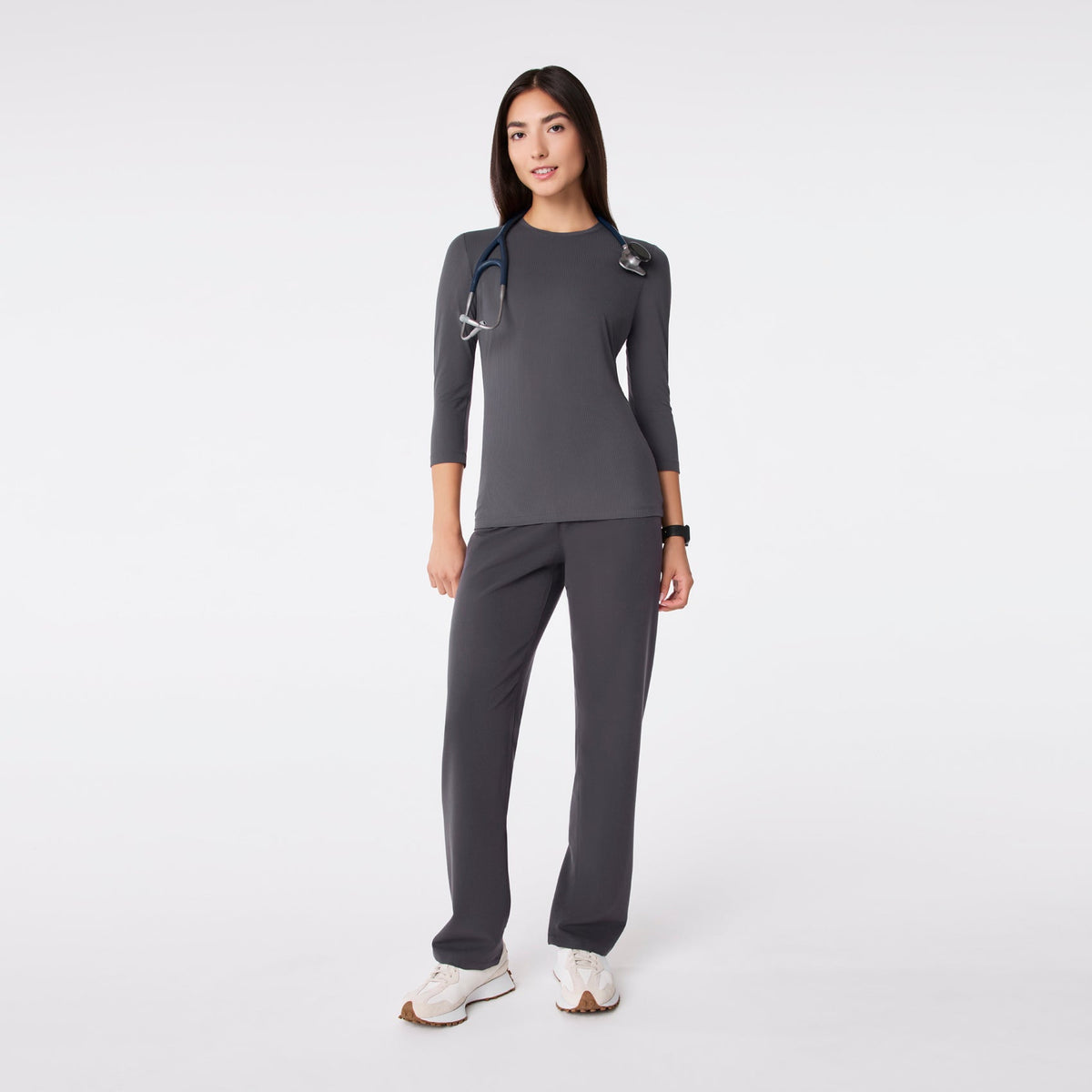 Palmer Ribbed ¾ Sleeve Underscrub - Charcoal
