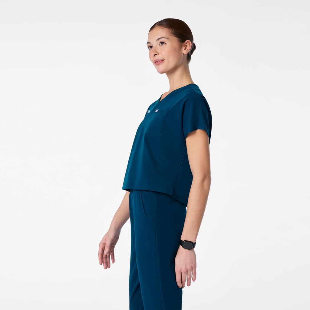 Arua Cropped V-Neck Scrub Top - Deep Reef