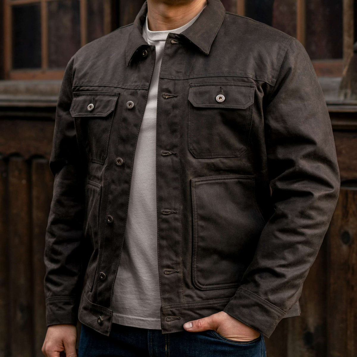 Waxed Trucker Jacket | Dark Olive