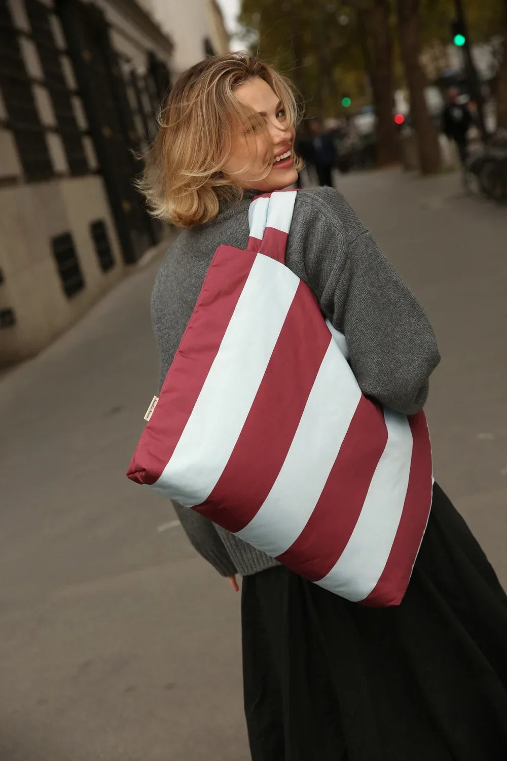 Bordeaux/Hellblau Gestreifte Mom-Bag