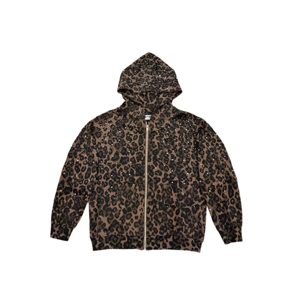 VYBES Rhinestone Leopard Zip Up