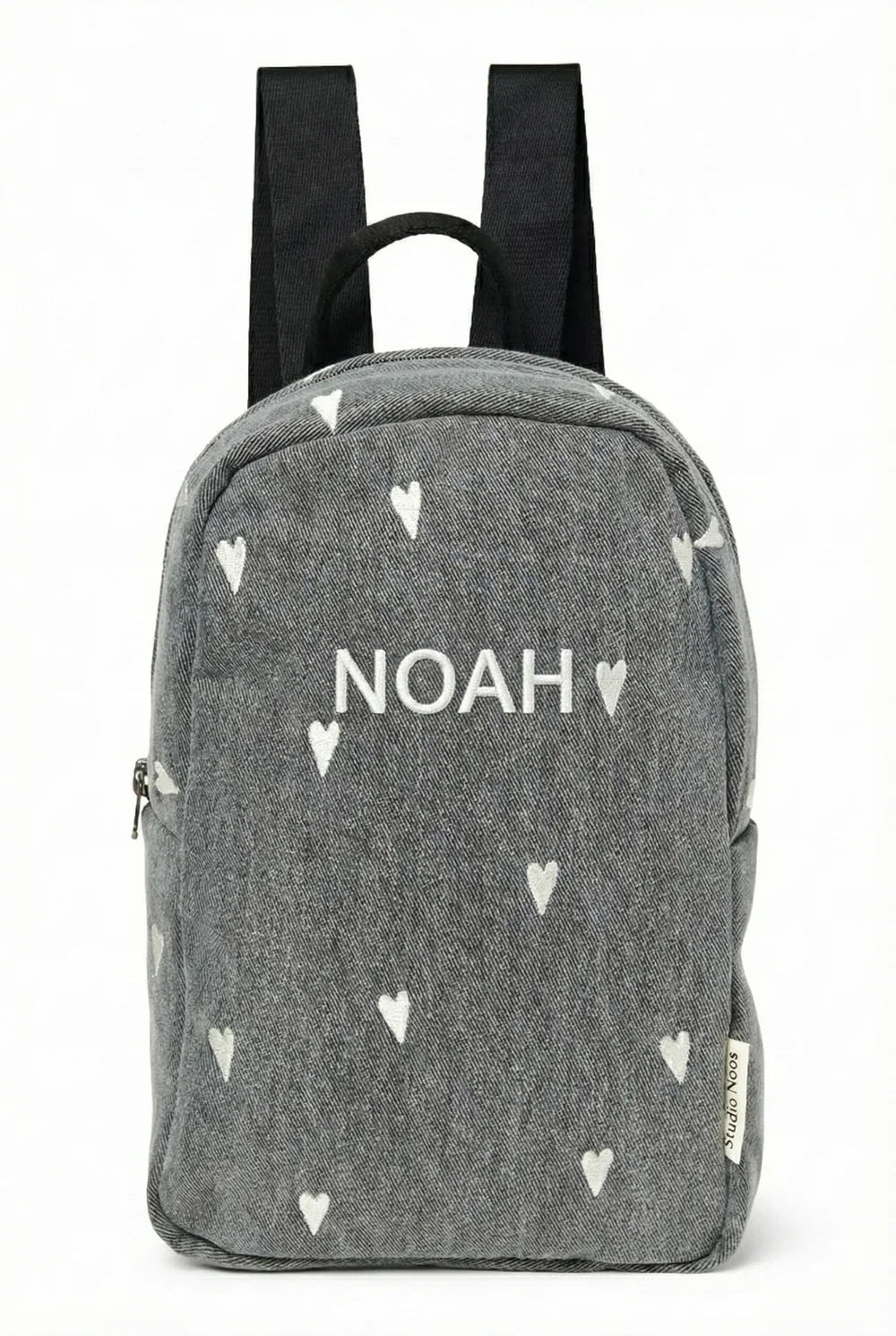Rucksack aus Jeansstoff mit grauen Herzen