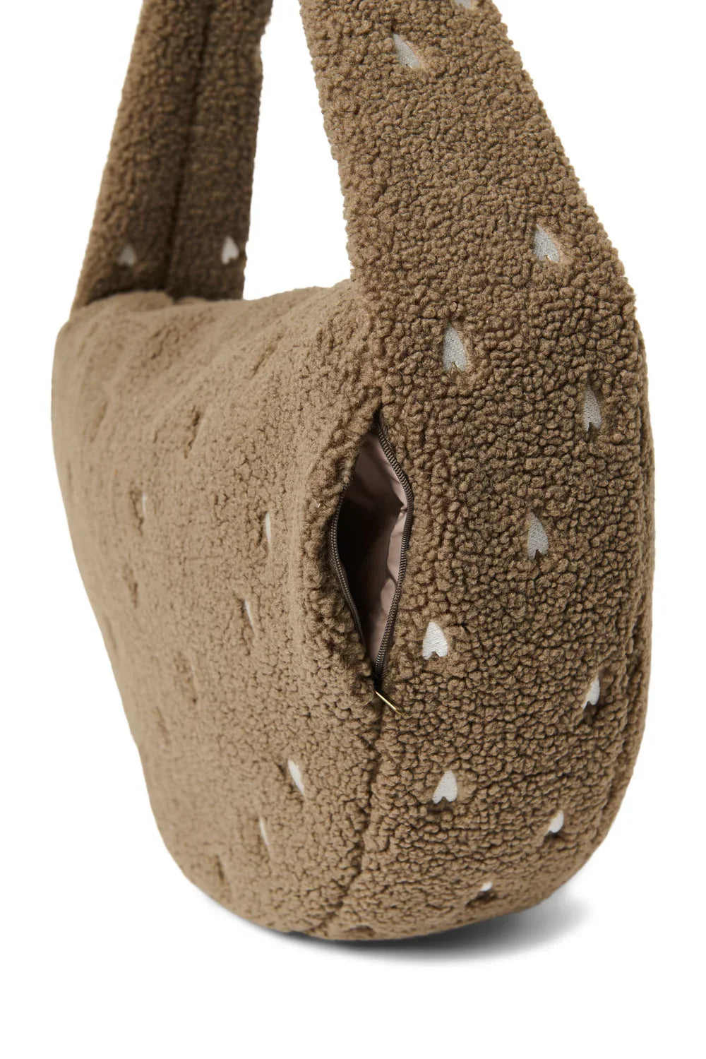 Ecrufarbene Teddy-Umhängetasche mit Herzchen