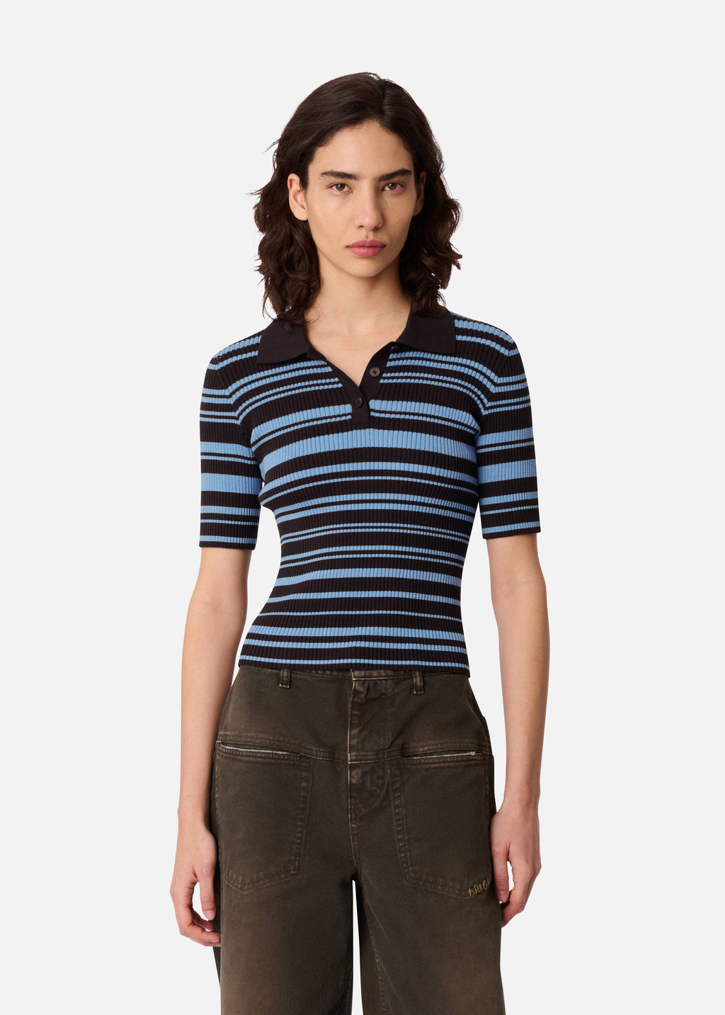 Anja Ribbed Polo Top - Dark Brown/Light Blue - image 2