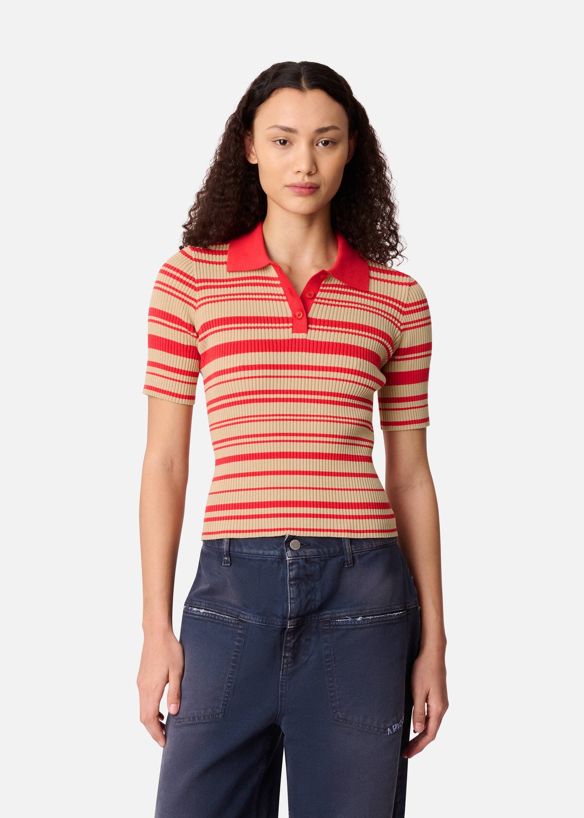 Anja Ribbed Polo Top - Red/Beige - image 2