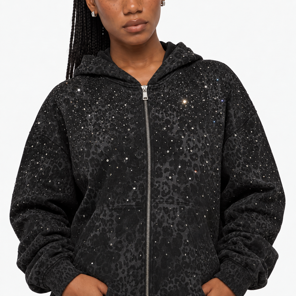 VYBES Black Leopard Zip Up