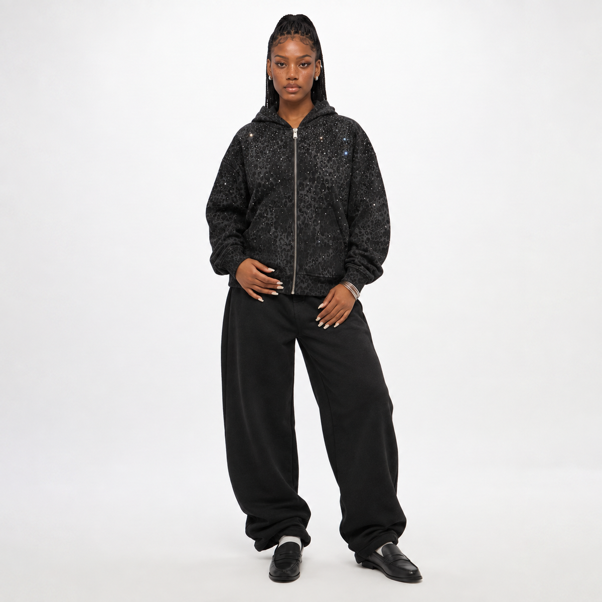 VYBES Black Leopard Zip Up