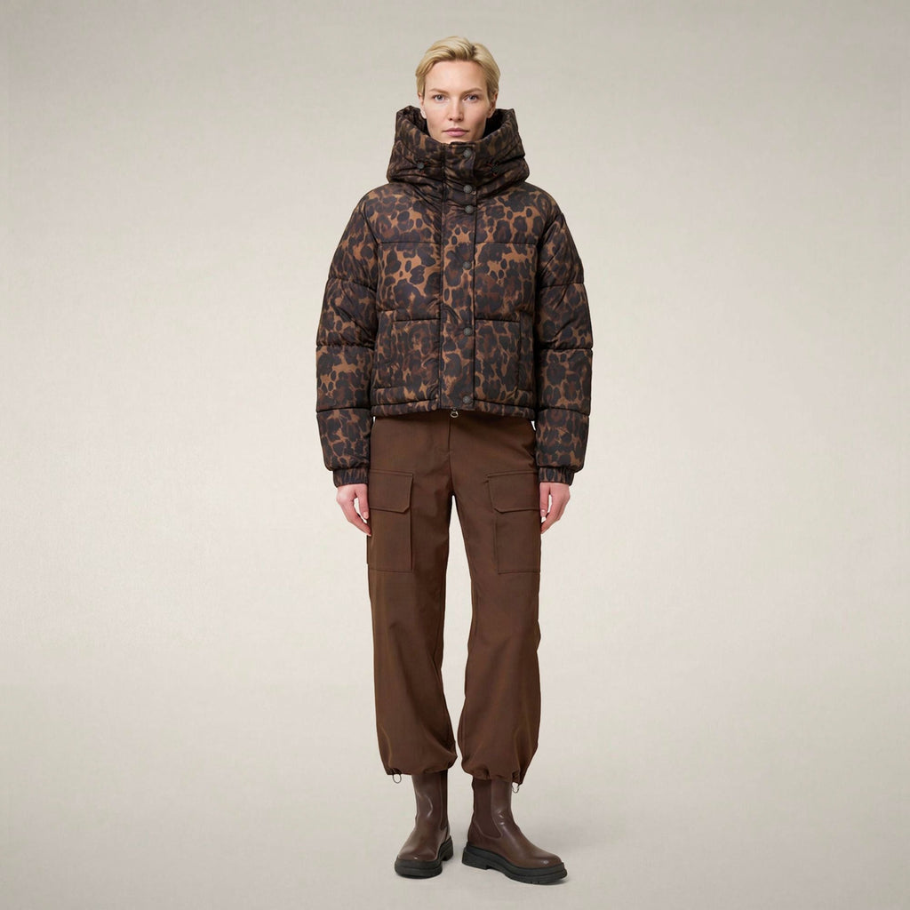 Women's Cropped Puffer Jacket Rhiannon in Dark Brown Leopard