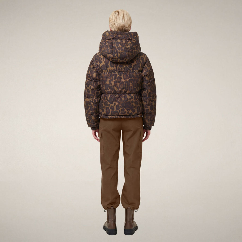 Women's Cropped Puffer Jacket Rhiannon in Dark Brown Leopard