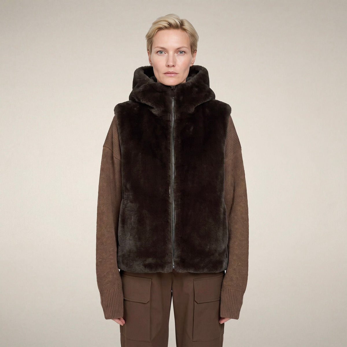 Women's Faux Fur Puffer Vest Cassandra in Soil Brown