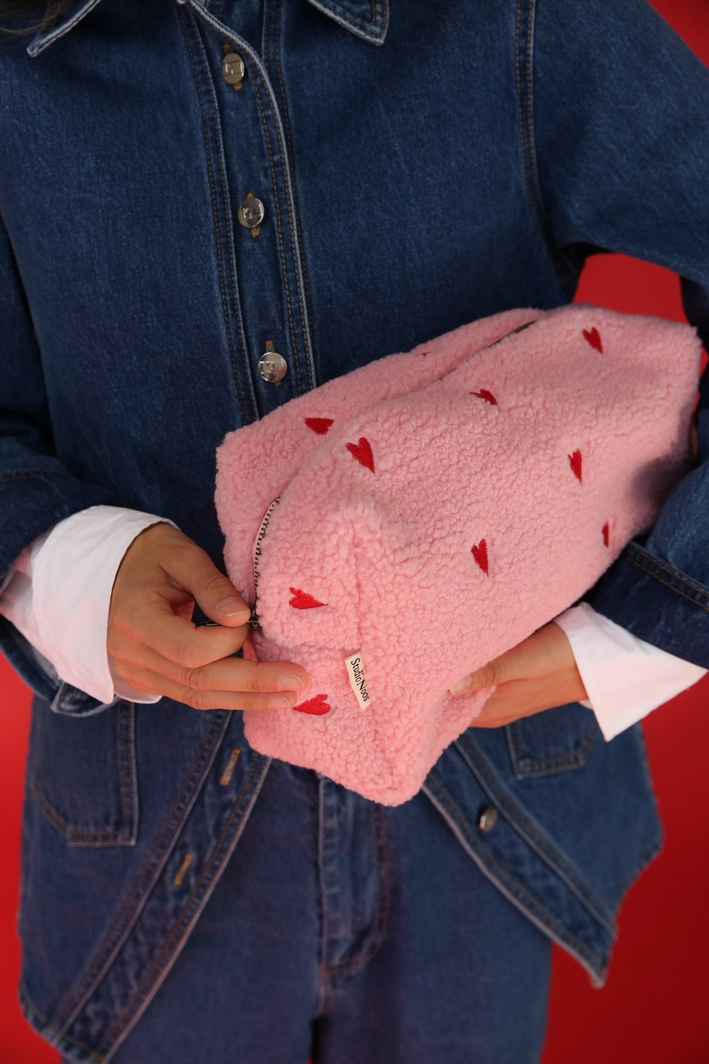 Teddy Waschtasche | Hellrosa Herzen