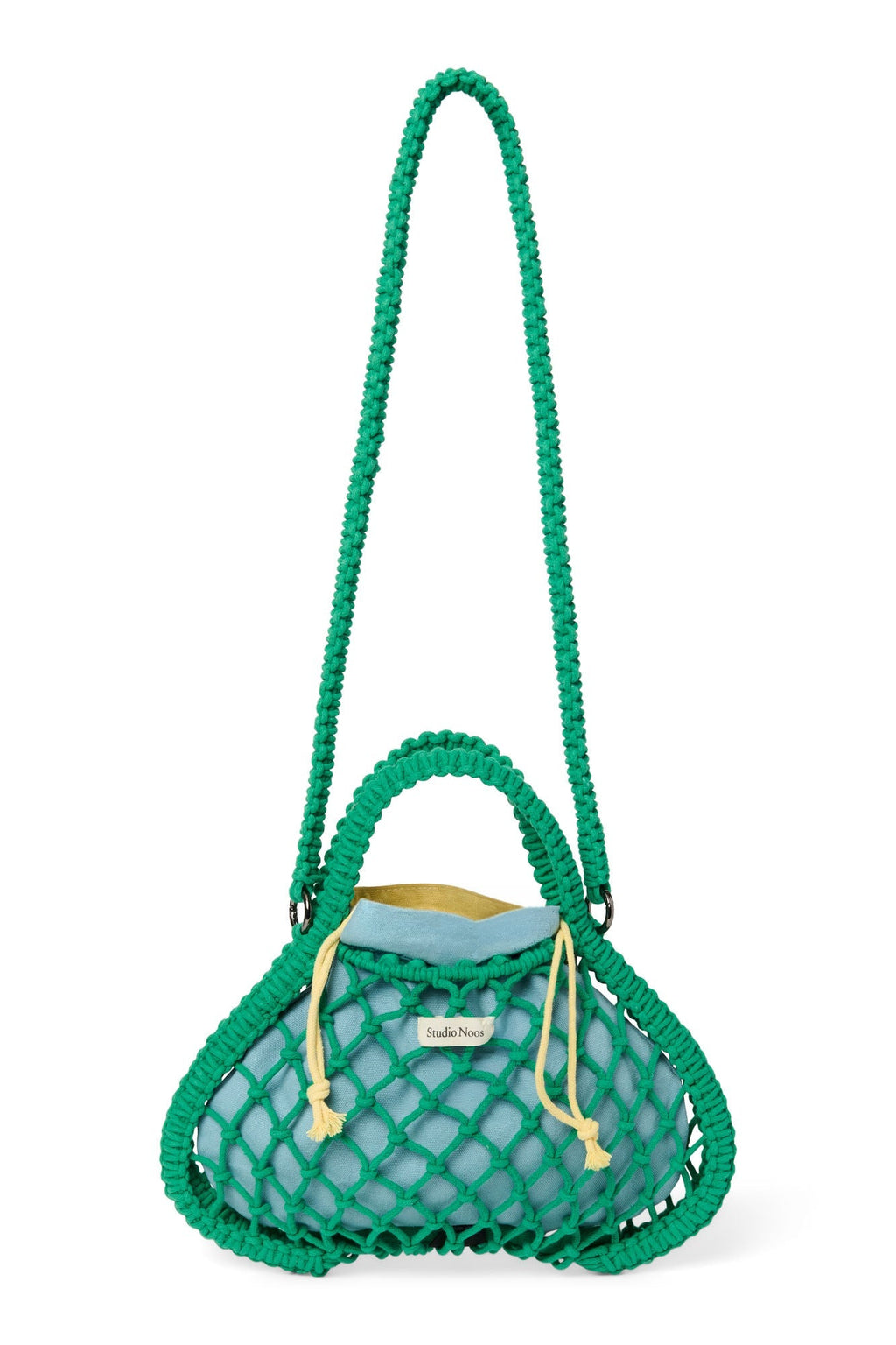 Blau-gelber Wende-Einsatz | Grüne Makramee-Minihandtasche mit
