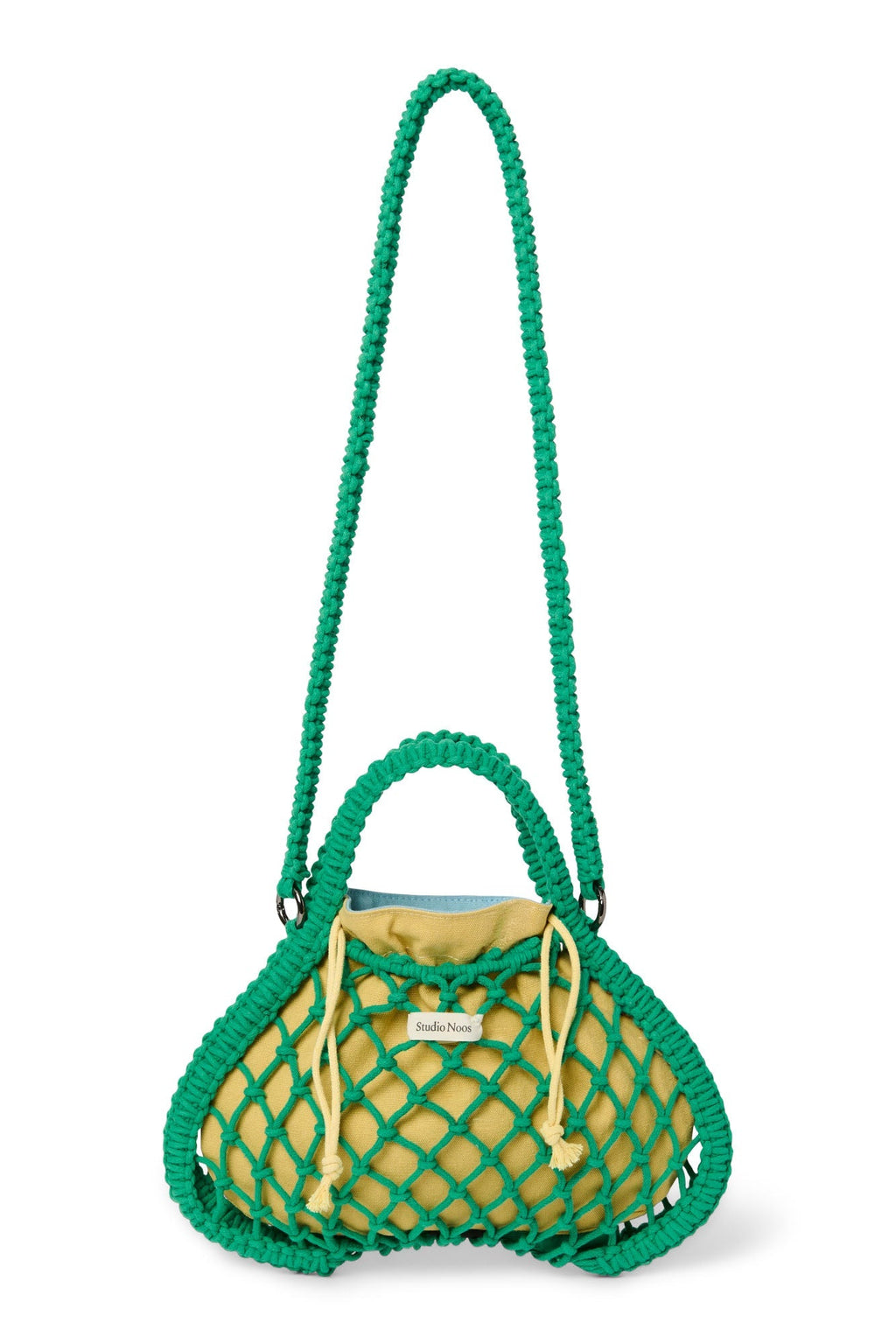 Blau-gelber Wende-Einsatz | Grüne Makramee-Minihandtasche mit