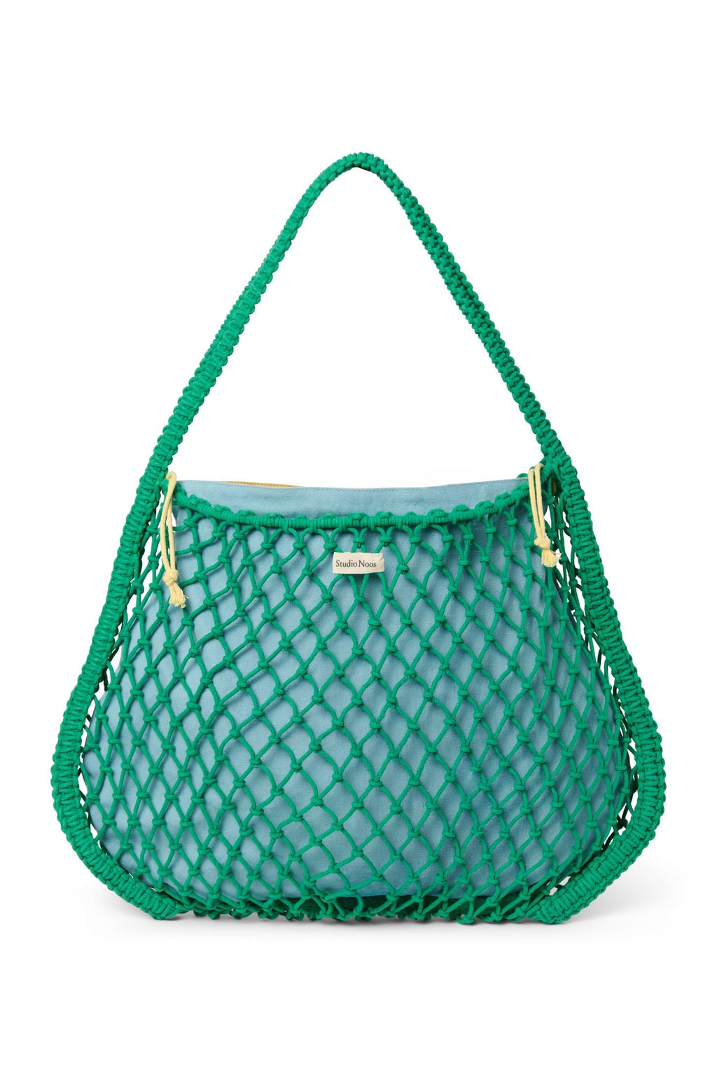Blauw-gele omkeerbare insert | Groene macramé mom bag met
