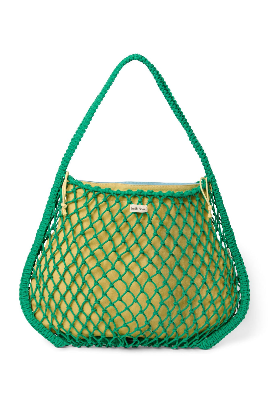 Blauw-gele omkeerbare insert | Groene macramé mom bag met