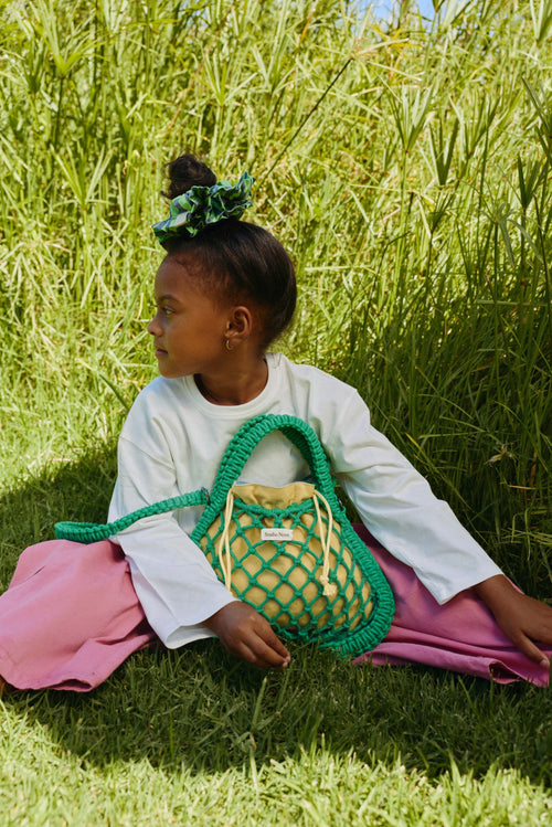 Blue-Yellow Reversible Insert | Green Macramé Mini Handbag with