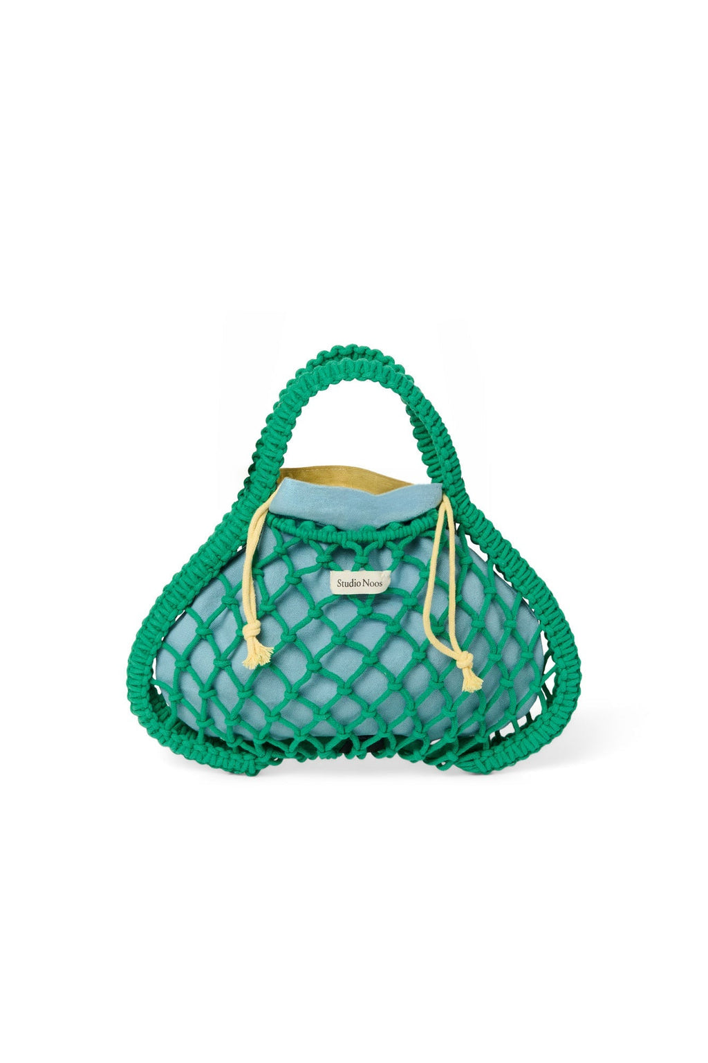 Blau-gelber Wende-Einsatz | Grüne Makramee-Minihandtasche mit