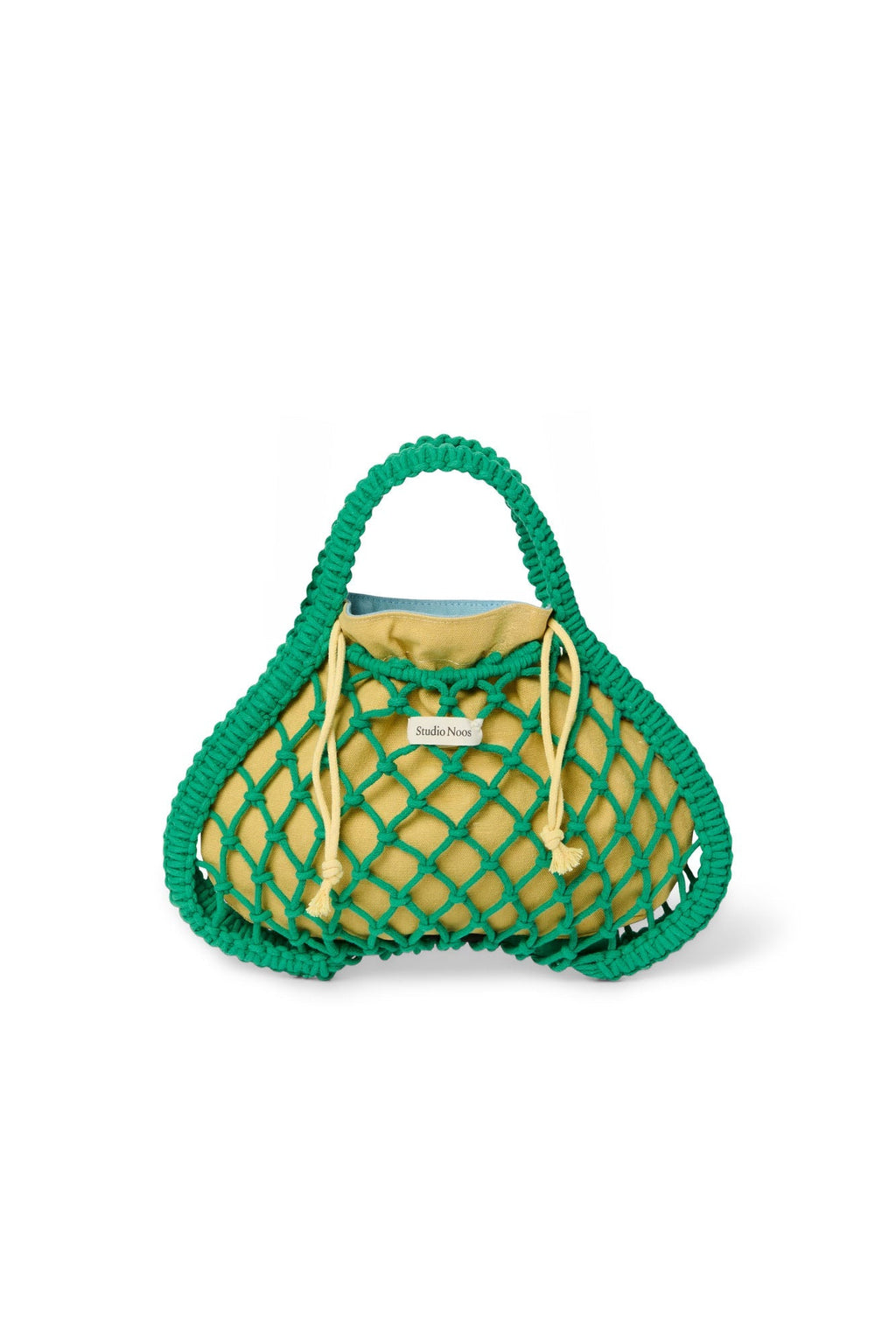 Blau-gelber Wende-Einsatz | Grüne Makramee-Minihandtasche mit