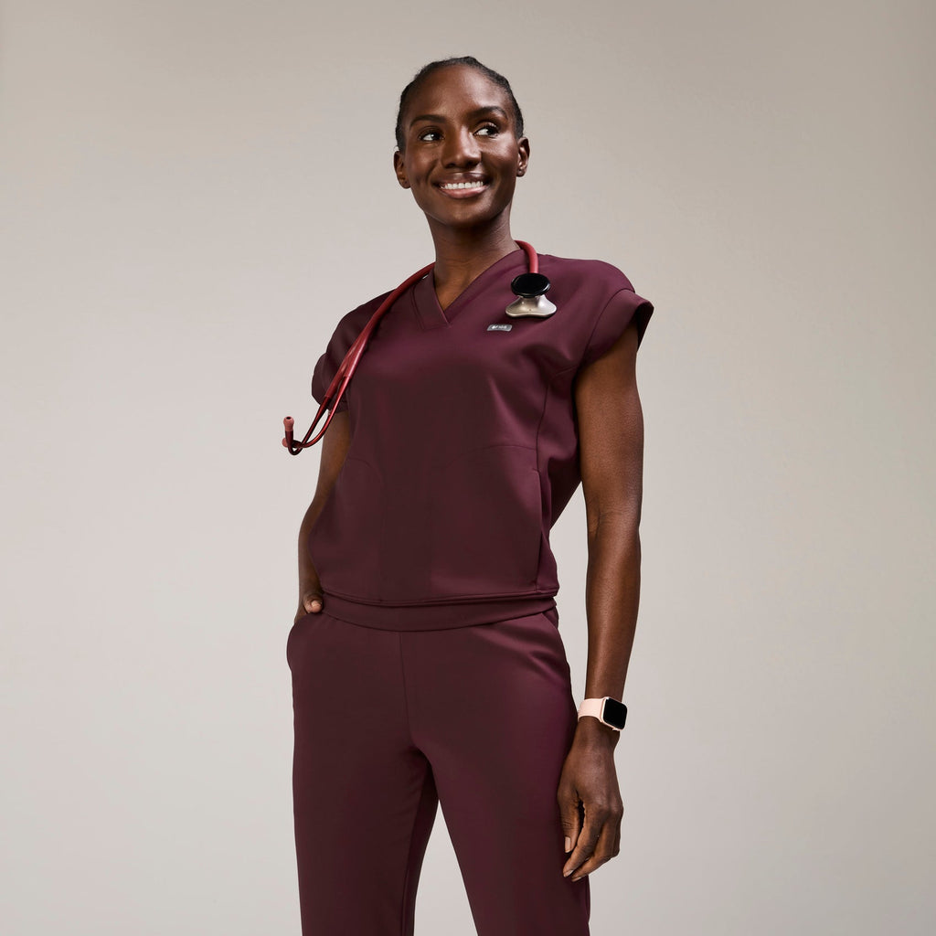Mira Banded Scrub Top - Burgundy