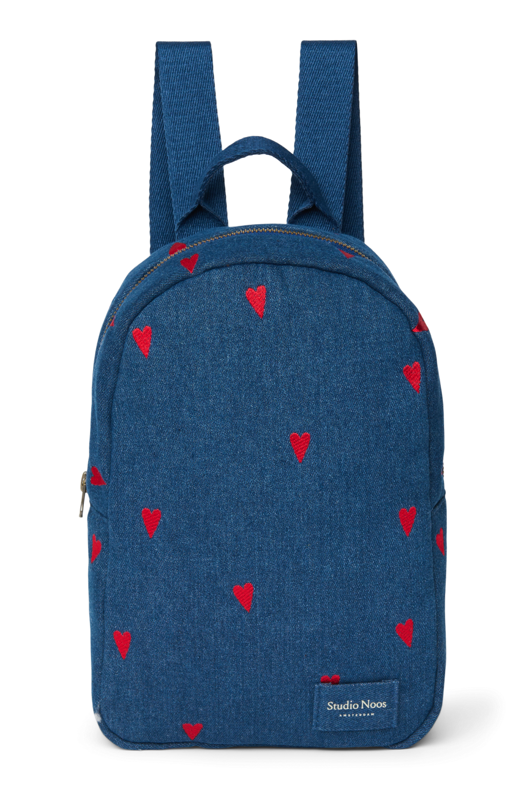 Denim Mini-rugzak | Donkerblauw met rode hartjes
