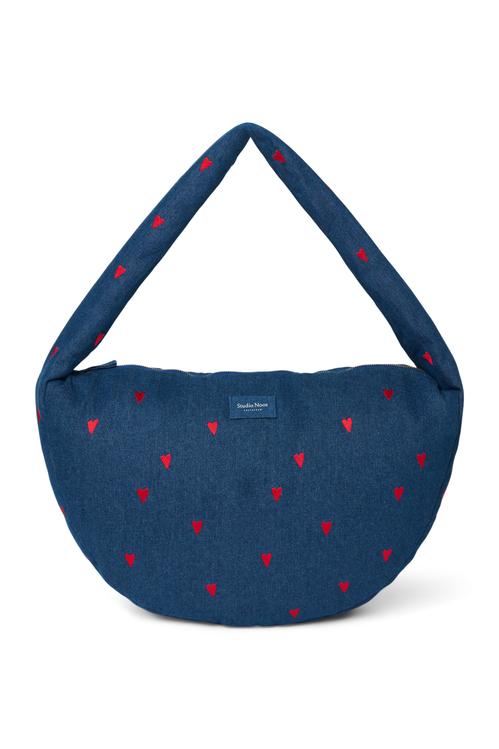 Denim schoudertas | Donkerblauw met rode hartjes