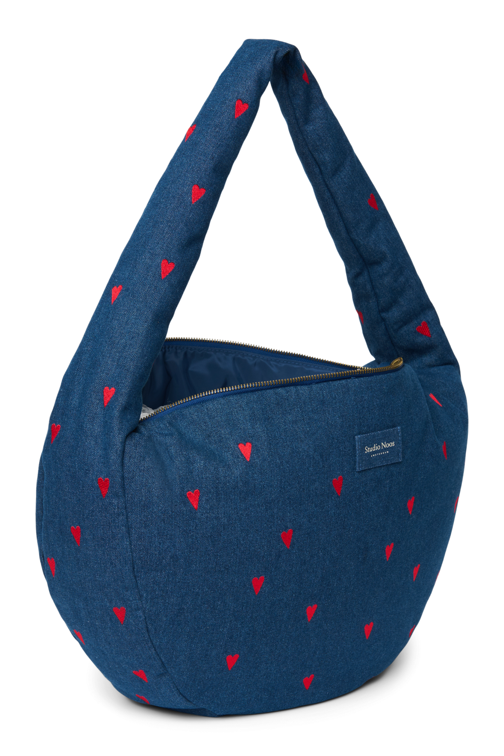 Denim schoudertas | Donkerblauw met rode hartjes