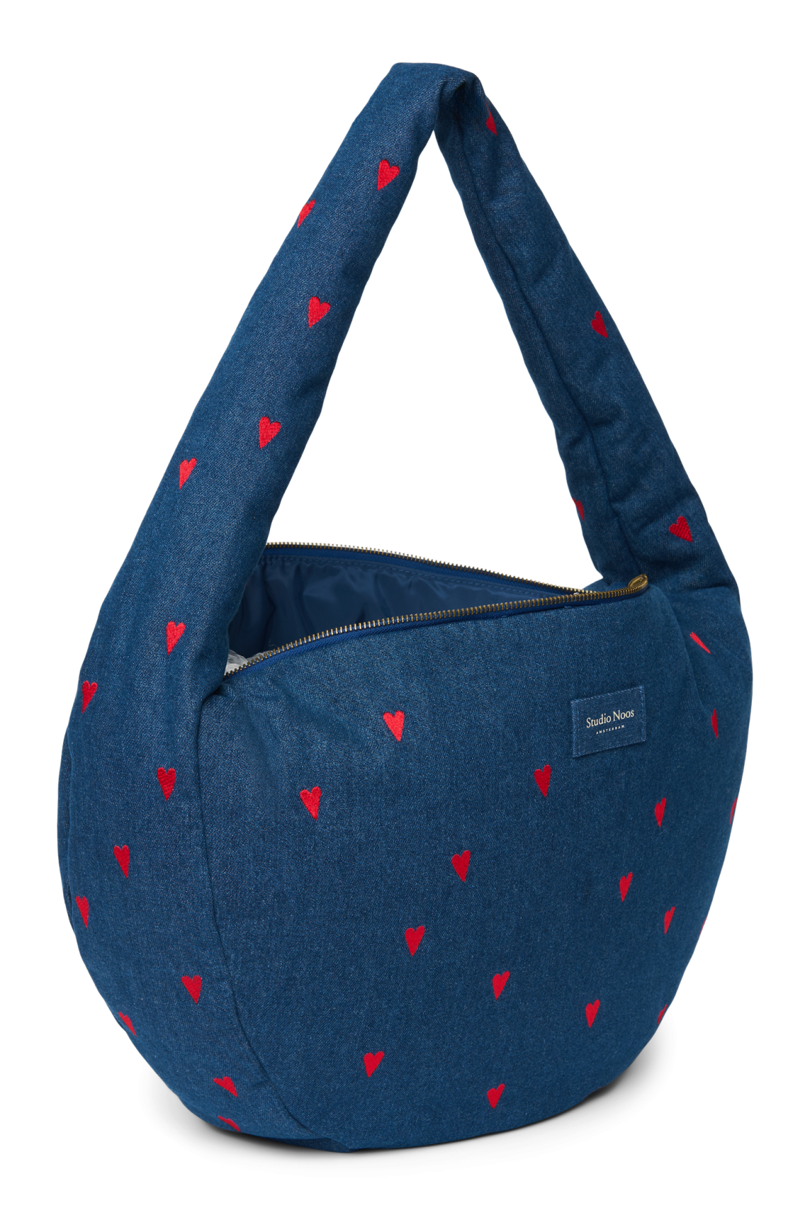 Denim schoudertas | Donkerblauw met rode hartjes
