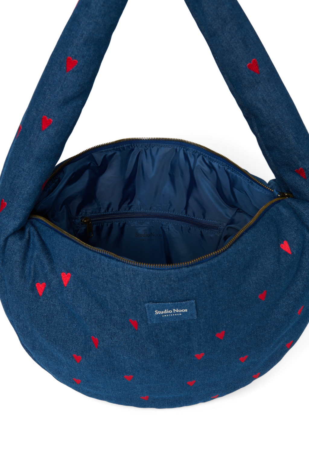 Denim schoudertas | Donkerblauw met rode hartjes