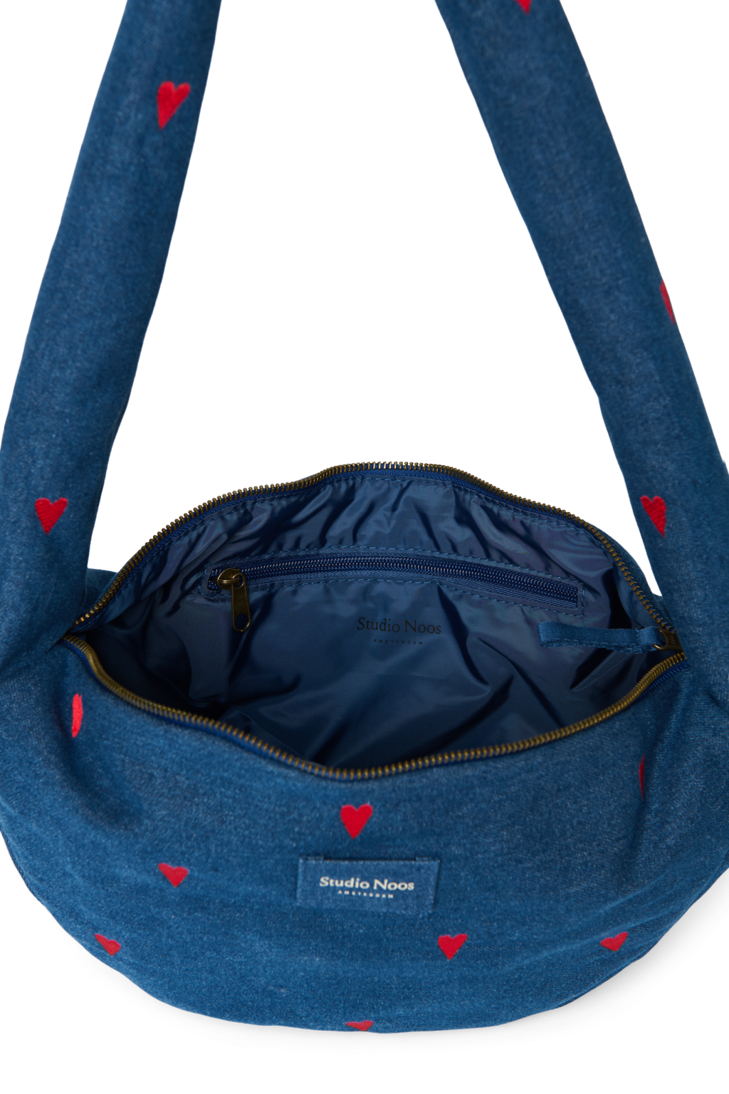 Denim Mini-Umhängetasche | Dunkelblau Rote Herzen