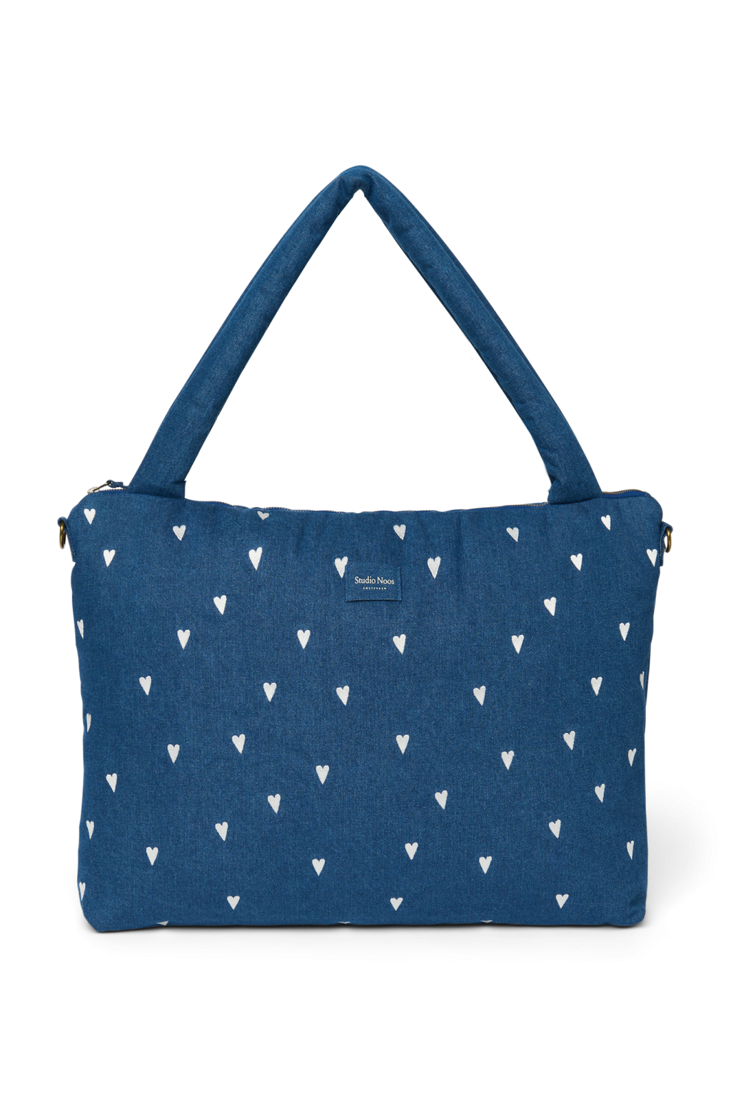 Spijkerstof luiertas | Donkerblauw met witte hartjes