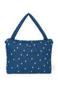 Spijkerstof luiertas | Donkerblauw met witte hartjes