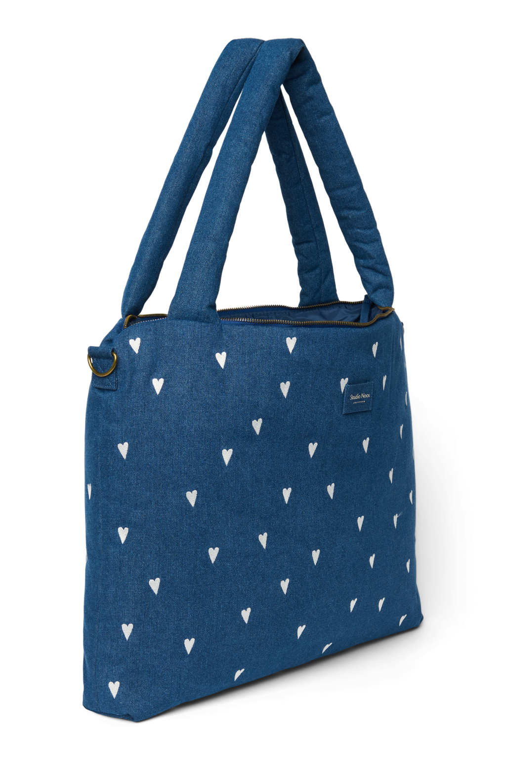 Spijkerstof luiertas | Donkerblauw met witte hartjes