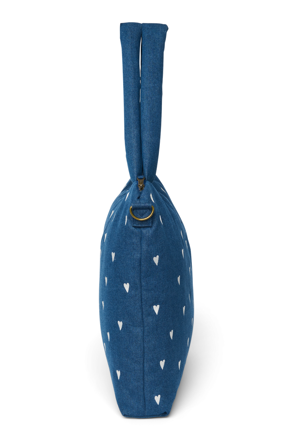 Spijkerstof luiertas | Donkerblauw met witte hartjes