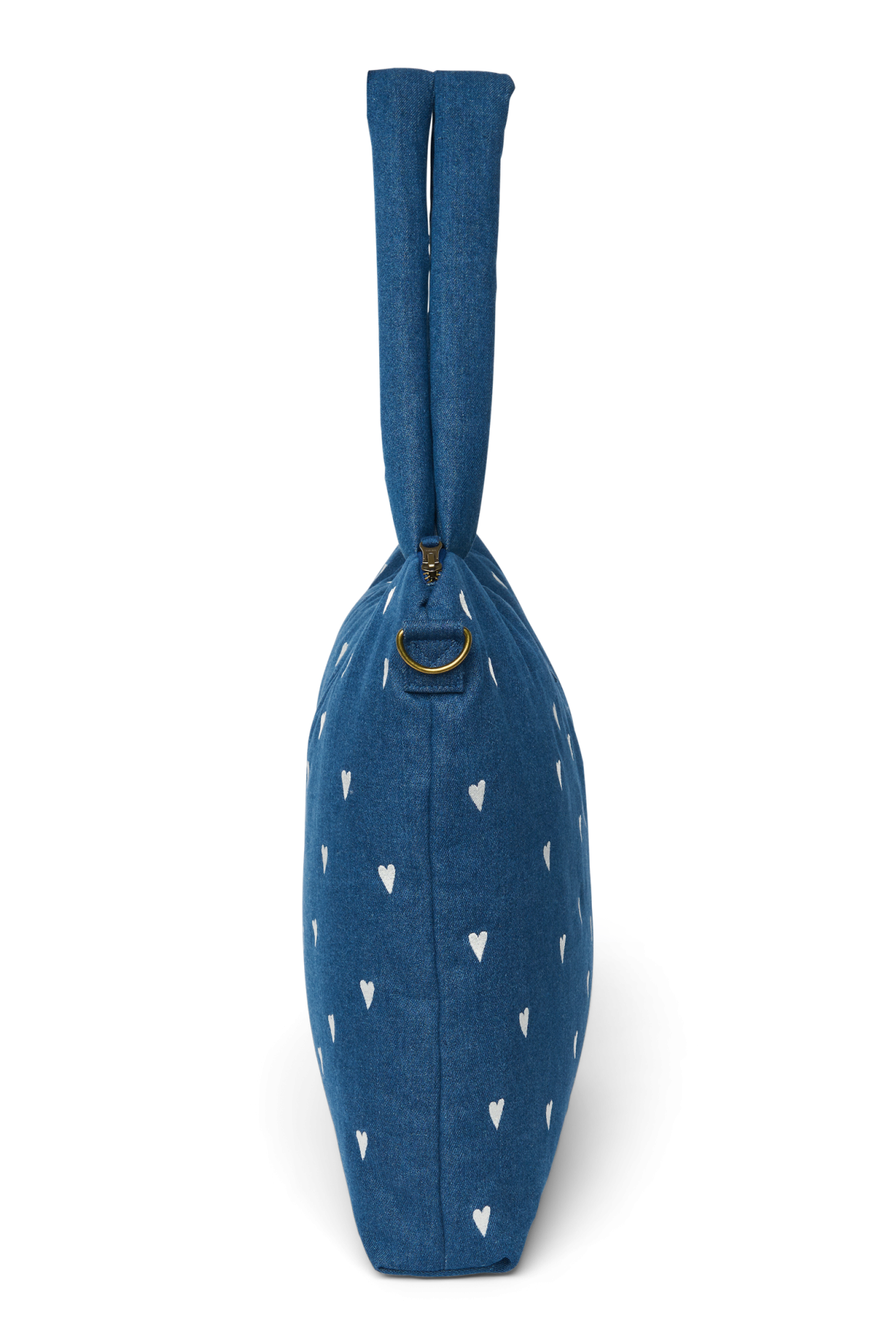 Spijkerstof luiertas | Donkerblauw met witte hartjes