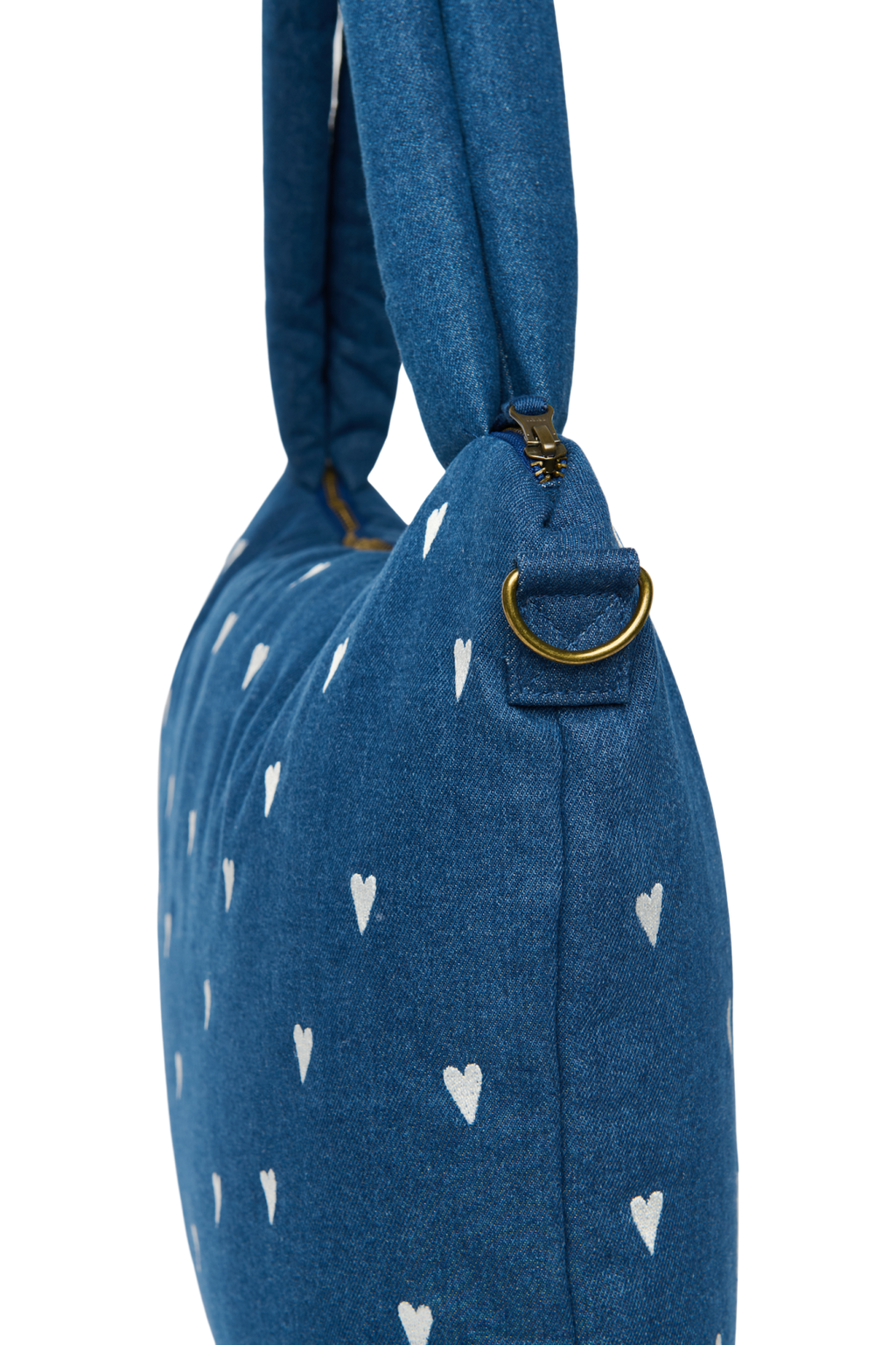 Spijkerstof luiertas | Donkerblauw met witte hartjes