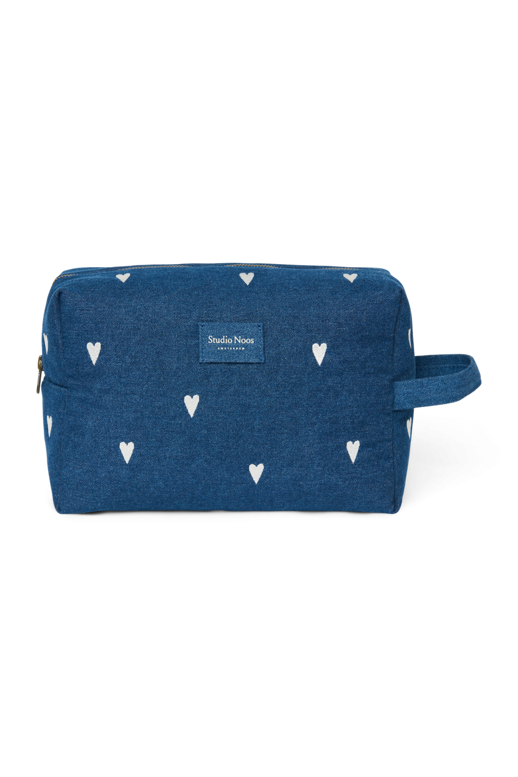 Denim toilettas | Donkerblauw met witte hartjes