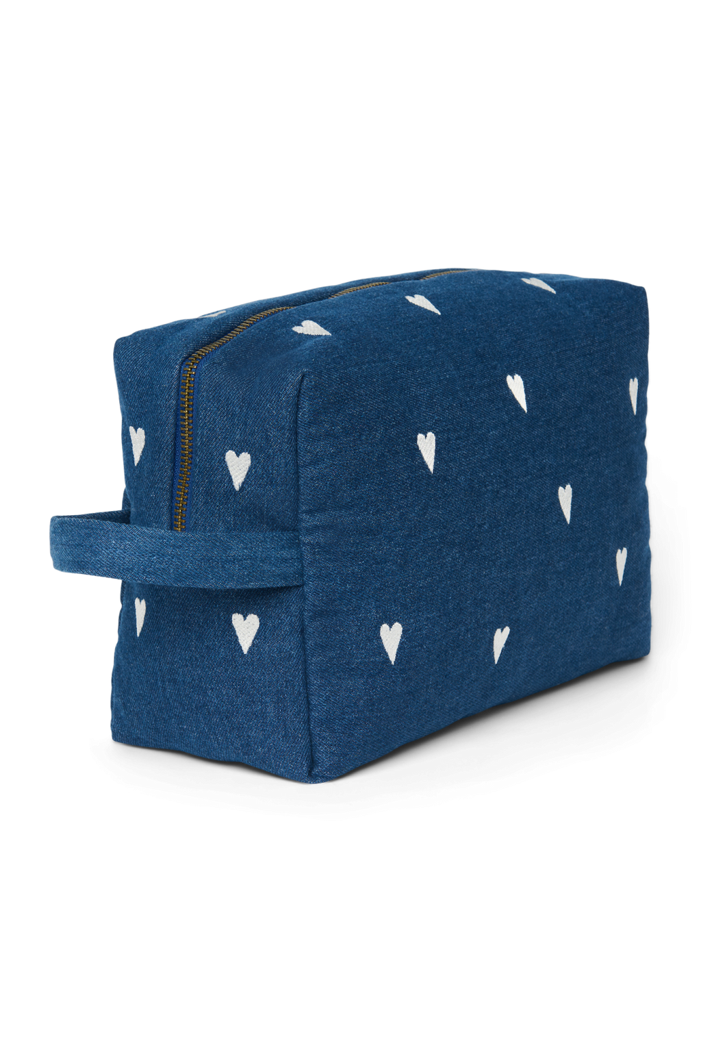 Denim toilettas | Donkerblauw met witte hartjes