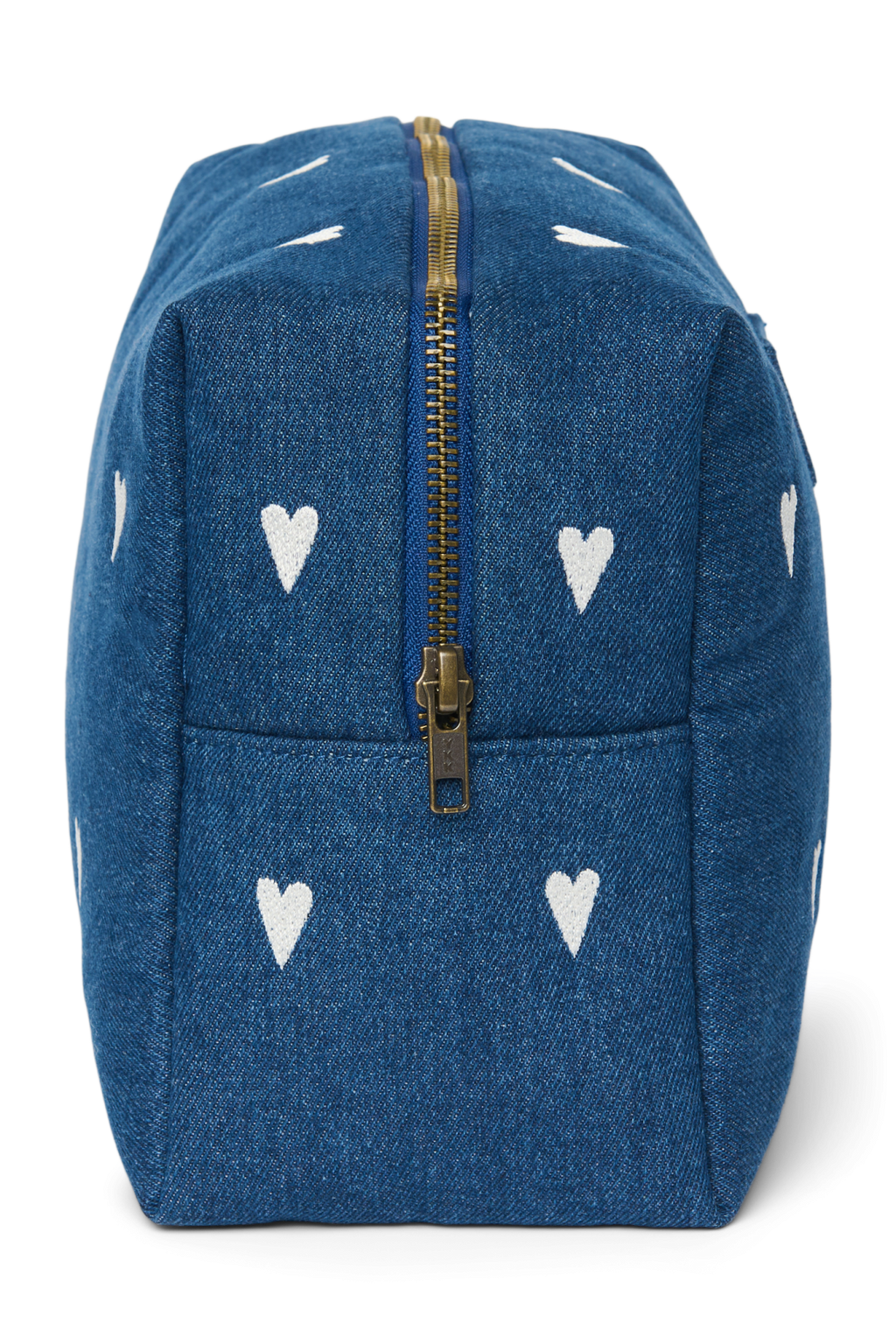 Denim toilettas | Donkerblauw met witte hartjes