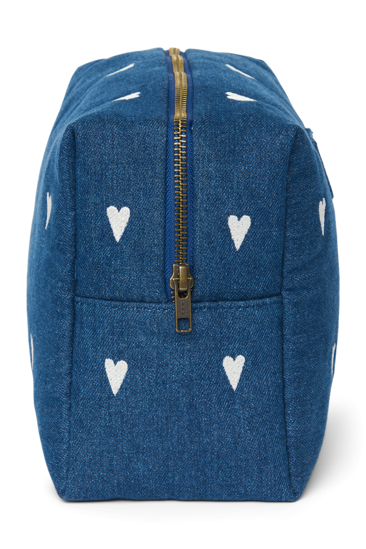 Denim toilettas | Donkerblauw met witte hartjes