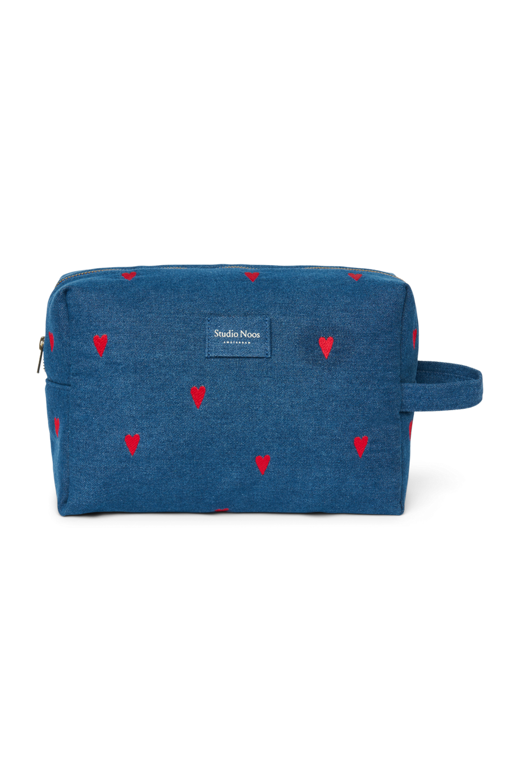 Kulturtasche aus Denim | Dunkelblau Rote Herzen