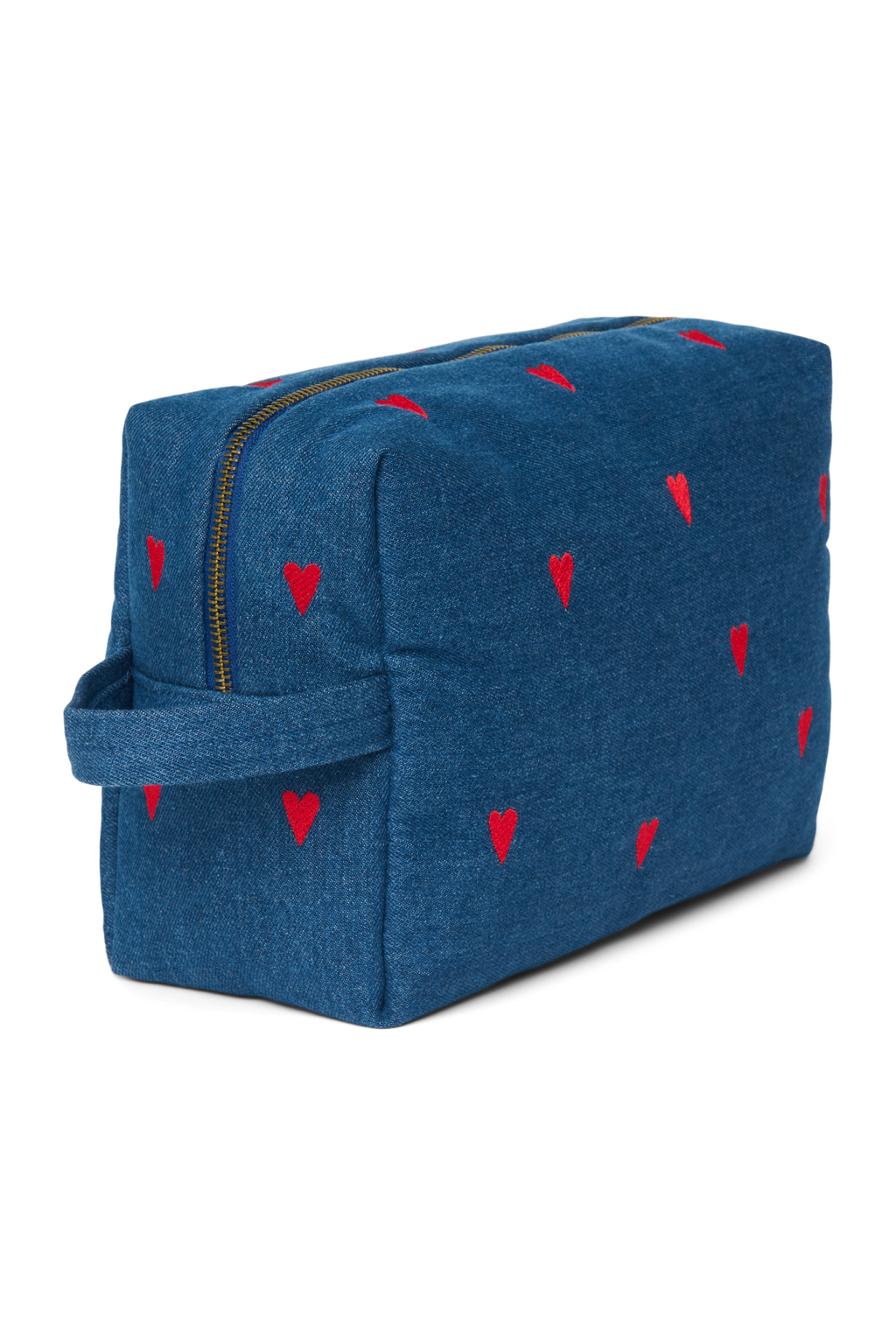 Kulturtasche aus Denim | Dunkelblau Rote Herzen