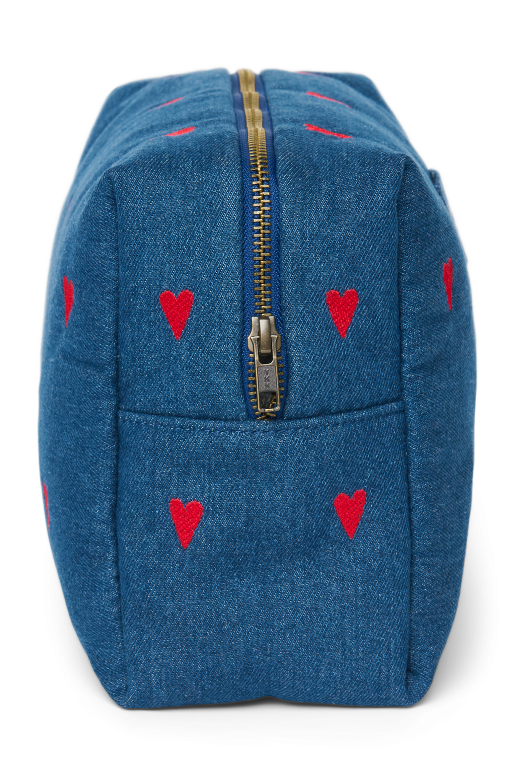 Kulturtasche aus Denim | Dunkelblau Rote Herzen