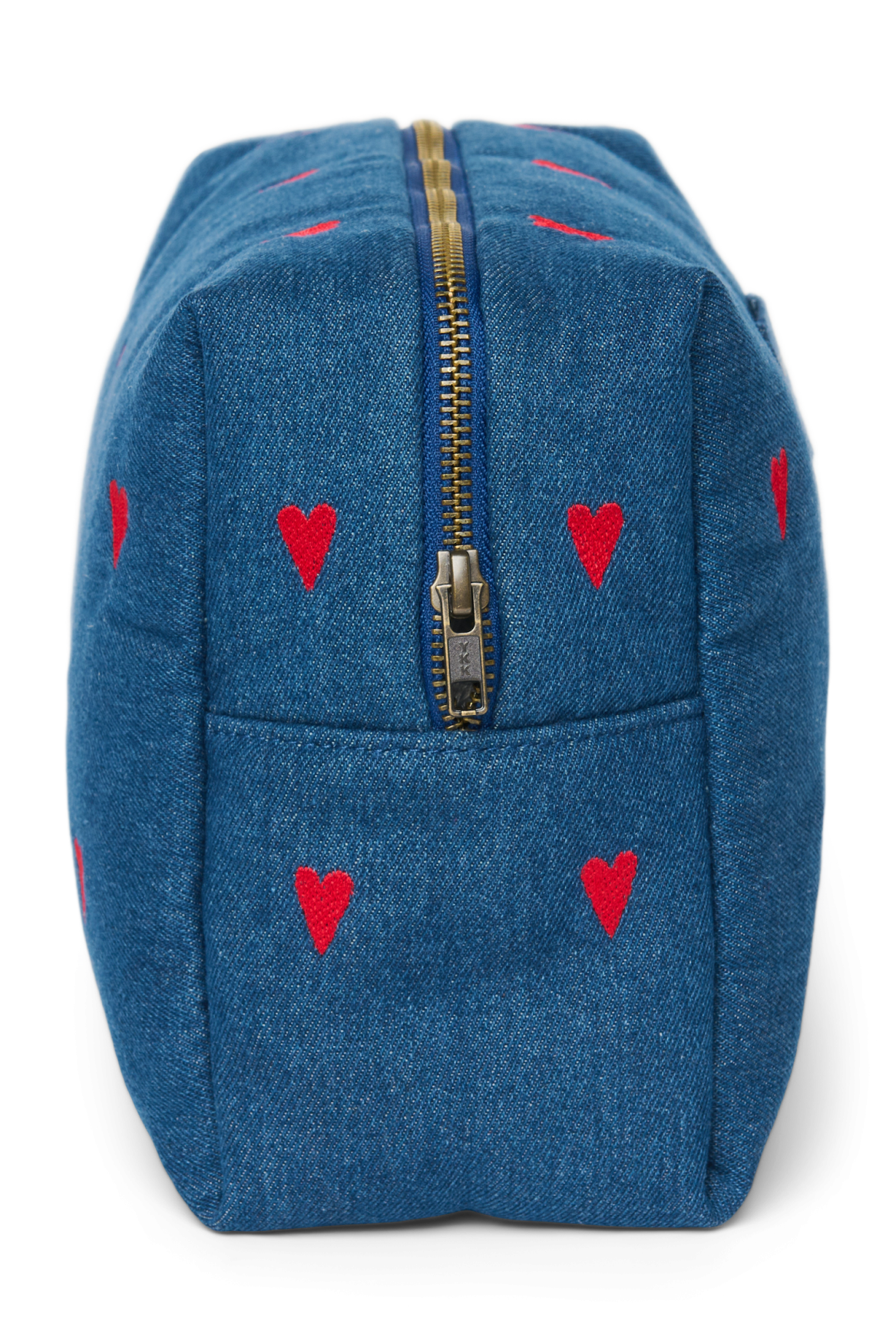 Kulturtasche aus Denim | Dunkelblau Rote Herzen