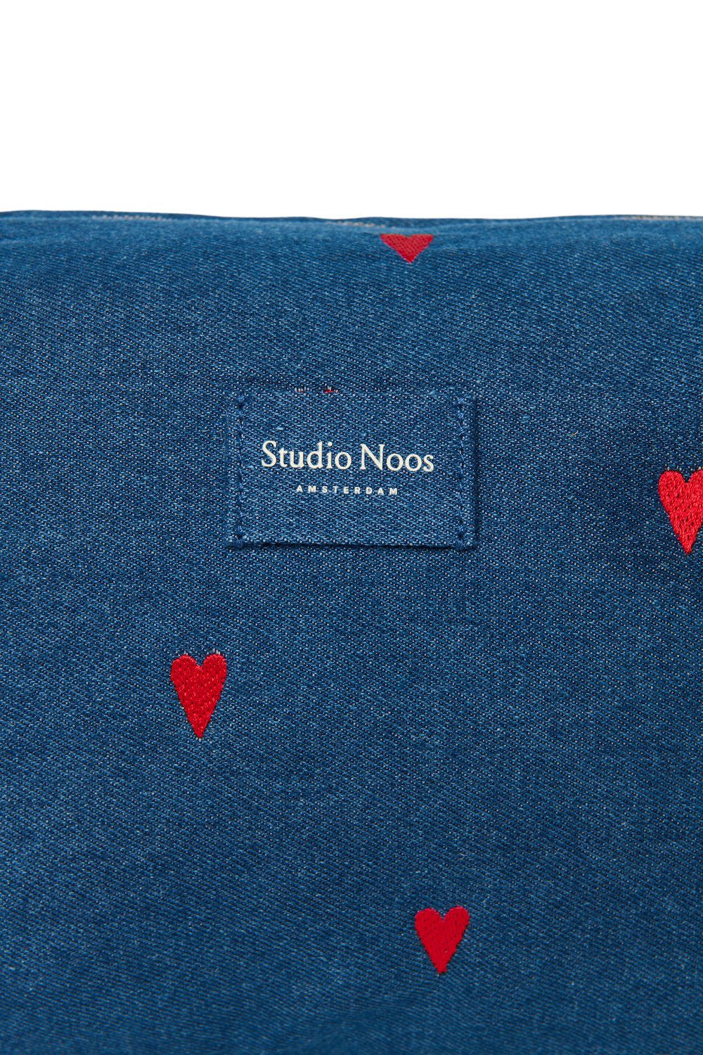 Kulturtasche aus Denim | Dunkelblau Rote Herzen
